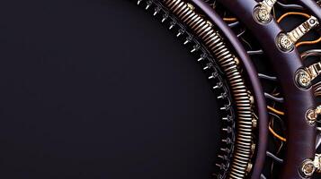 Intricate close-up of a decorative mechanical structure with metallic details against a dark background photo