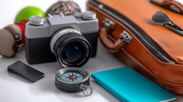 Vintage camera and compass on a travel-themed table with accessories and a leather bag photo