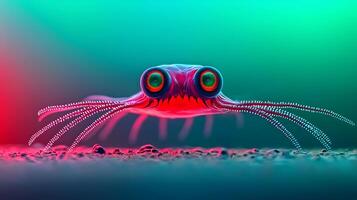 Vibrant close-up of a colorful squid with large eyes, set against a blurred neon background photo