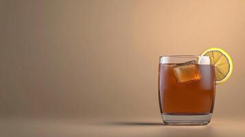 Refreshing iced tea with lemon slice and ice cubes in a glass against a soft gradient background photo