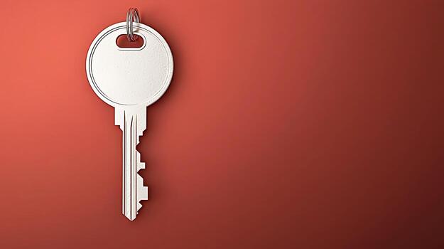 Close-up of a silver key on a smooth red background, symbolizing security and access photo