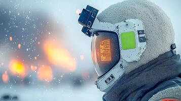 Astronaut in snowy landscape observing distant explosions, showcasing a dramatic scene photo
