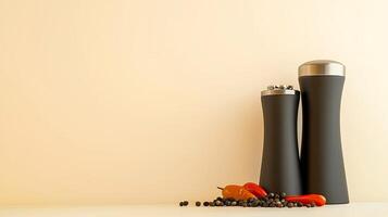 Stylish black salt and pepper shakers with spices on a minimalist kitchen countertop photo