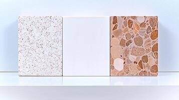 Three distinct types of stone tiles displayed on a clean white shelf against a minimal background photo