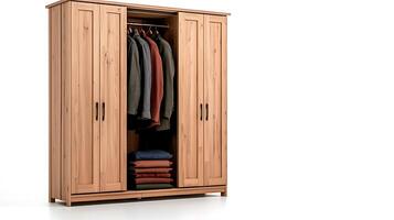 Wooden wardrobe with neatly arranged clothes and shelves, set against a plain background photo