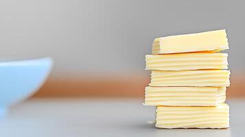 Stacked butter slices on a kitchen counter with a blurred bowl in the background photo
