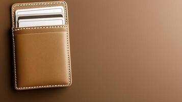A sleek leather wallet with multiple cards displayed against a smooth brown background photo