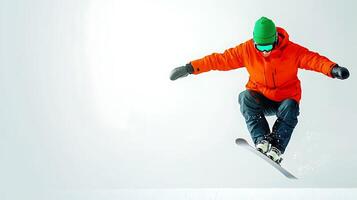 Snowboarder in bright orange jacket performing a jump on a snowy slope with a clear sky photo