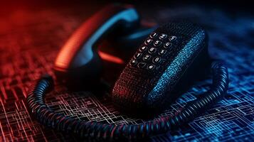A close-up view of a vintage telephone on a digital circuit background, illuminated with red and blue lights photo