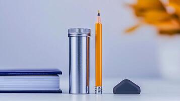A close-up view of a pencil, sharpener, and notebook on a desk with blurred background elements photo