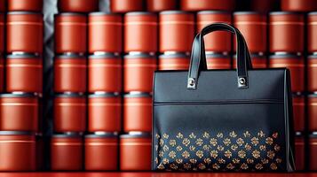 Stylish black handbag with decorative pattern displayed against vibrant red containers in background photo