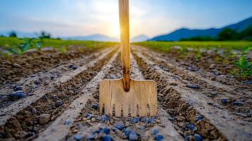 Wooden garden fork standing upright in freshly tilled soil during sunset with mountains in background photo