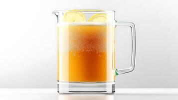 Refreshing pitcher of lemonade with lemon slices, set against a minimalist background photo