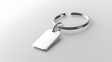 Silver keychain with a blank tag on a smooth, reflective surface, ideal for customization photo