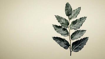 A close-up of a green leaf branch against a soft beige background, showcasing its texture and details photo