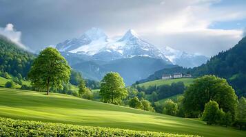 Scenic view of majestic mountains with lush green fields and a tranquil farmhouse in the background photo