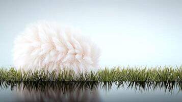 Soft, fluffy object resting on vibrant green grass with a serene background and reflection photo