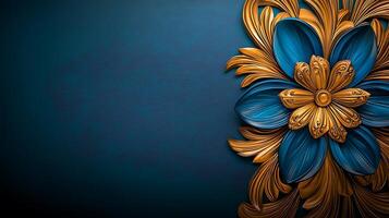 Ornate blue and gold floral design on textured dark background, ideal for elegant decor projects photo