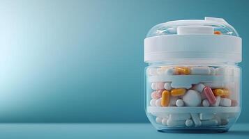 Close-up of a transparent pill bottle filled with colorful capsules against a soft blue background photo