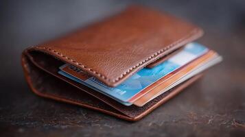 Close-up of a brown leather wallet with credit cards partially visible on a textured surface photo
