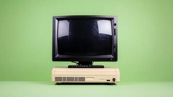 Vintage computer setup with a classic monitor and keyboard against a vibrant green background photo