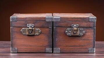 Two antique wooden boxes with metal clasps displayed on a wooden table against a warm background photo