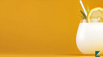 Refreshing tropical drink with lemon slice and straw against a vibrant yellow background photo
