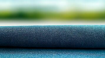 Close-up of a folded blue fabric with a blurred natural background, showcasing texture photo