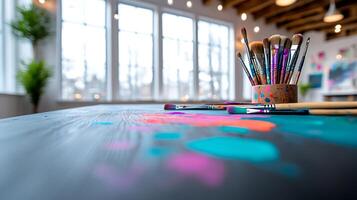 Vibrant art studio scene featuring paint splashes and brushes on a wooden table, bright windows photo