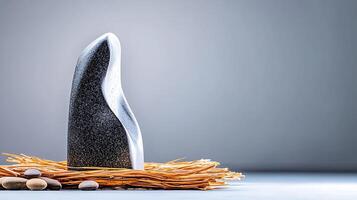 Abstract stone sculpture on a bed of straw with pebbles, set against a minimalistic background photo