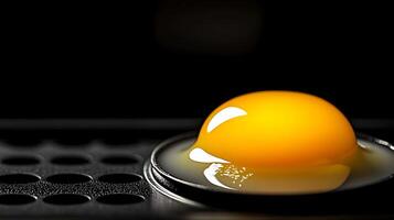 Close-up of a vibrant egg yolk on a dark surface, highlighting its glossy texture and color photo