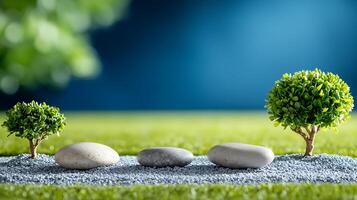 Tranquil garden scene with pebbles and miniature trees set against a blurred blue background photo