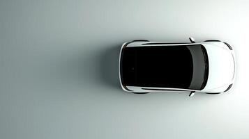 A sleek white car parked on a smooth, minimalist surface with soft lighting and shadows photo