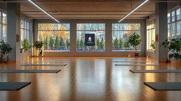 Serene yoga studio with mats arranged for a class, surrounded by plants and natural light photo