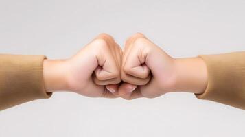 Two hands performing a fist bump, symbolizing camaraderie and unity against a plain background photo