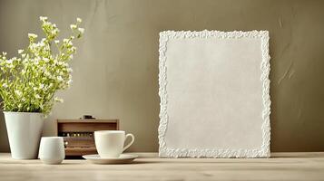 A serene tabletop scene featuring a blank textured paper frame, a white cup, and a flower vase photo