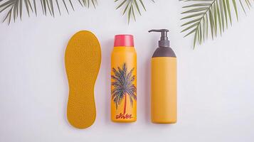 Vibrant tropical-themed shampoo and body wash bottles with palm tree design on a white background photo