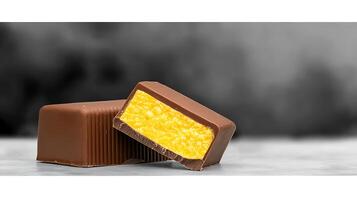 Close-up of a chocolate bar with a bright orange filling, set against a blurred gray background photo