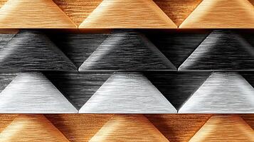 Close-up of textured metallic surface featuring triangular patterns in various colors and finishes photo