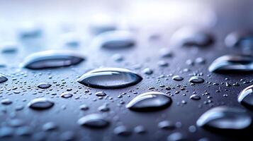 Close-up of water droplets on a smooth surface, highlighting reflections and textures, ideal for backgrounds photo