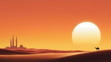 Serene sunset over a vast desert landscape with a silhouette of a camel and distant minarets photo