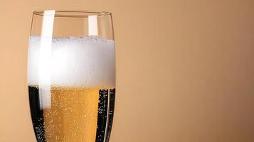 A close-up of a sparkling glass of beer with bubbles, set against a soft beige background photo