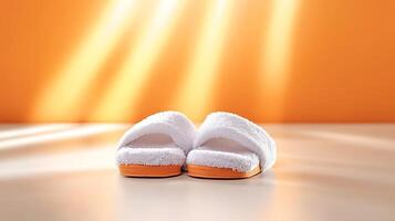 Soft white slippers on a smooth surface with warm orange background and gentle light rays photo