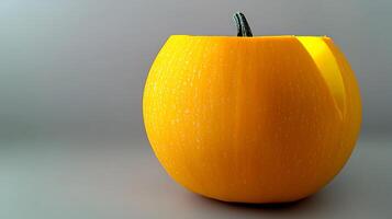 Vibrant orange pumpkin with a cut, showcasing its texture and color against a neutral background photo