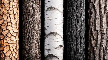 A close-up view of various tree bark textures showcasing unique patterns and colors photo