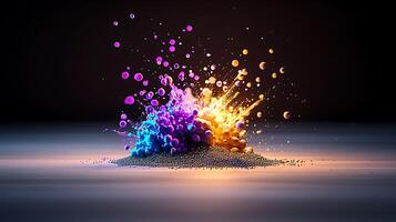 Vibrant explosion of colorful particles creating a dynamic visual effect against a dark background photo