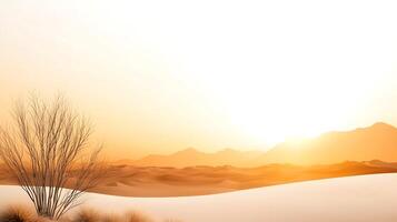 Serene desert landscape at sunset with silhouette of a tree and distant mountains in background photo