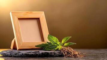 Wooden photo frame on a stone base with fresh mint leaves and roots against a soft background