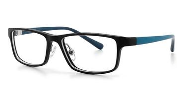 Stylish black and blue eyeglasses displayed on a clean surface with soft lighting photo