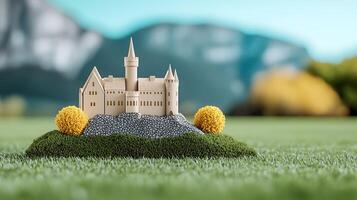 Miniature castle on a grassy hill with mountains in the background and colorful trees photo